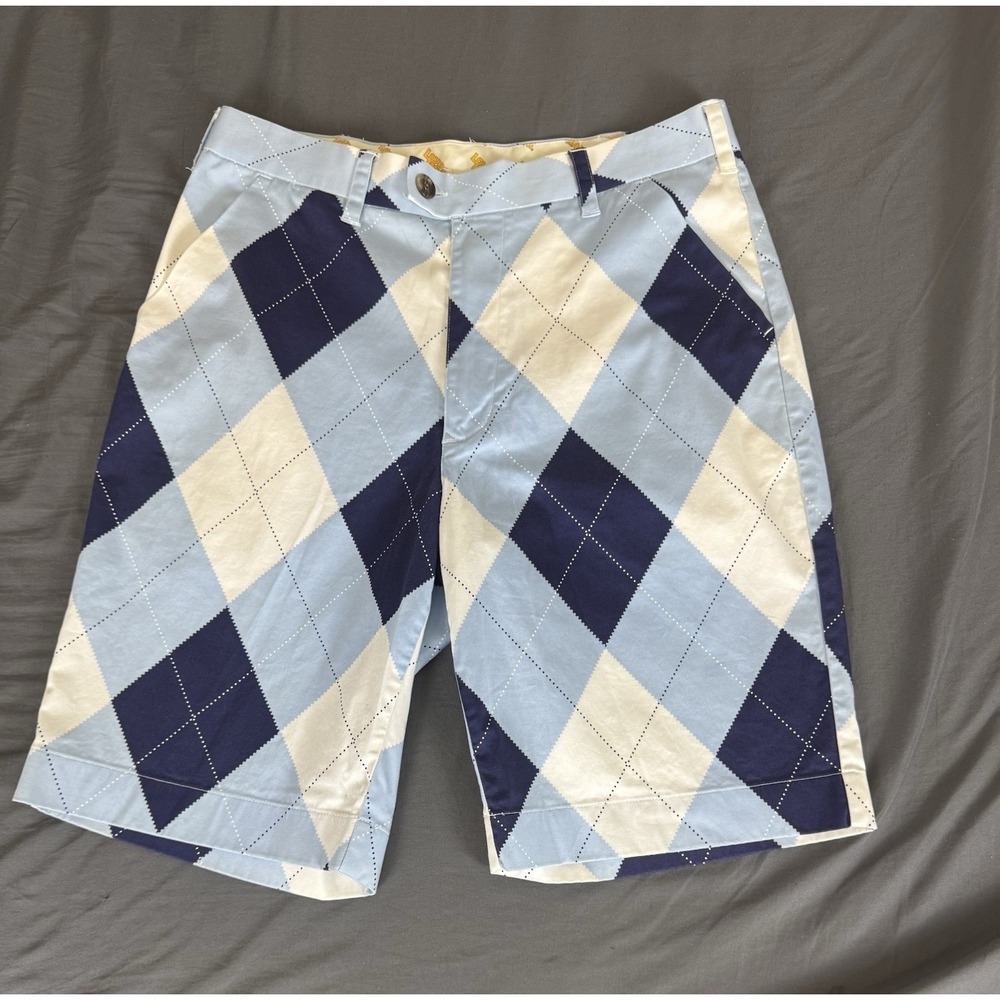 Loudmouth Golf Shorts Men's 32 Blue White Argyle Plaid Stretch Performance 10"